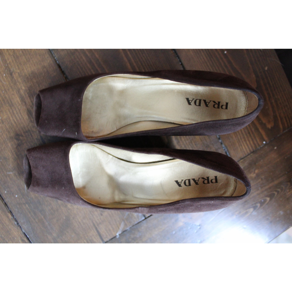 Prada Chocolate Brown Suede Peep Toe Wedges Size 37 / 6.5 - Picture 7 of 10